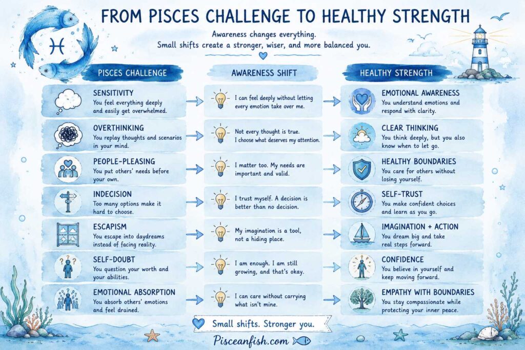 Pisces challenges transformed into healthy strengths through emotional awareness, boundaries, self-trust, and purposeful action