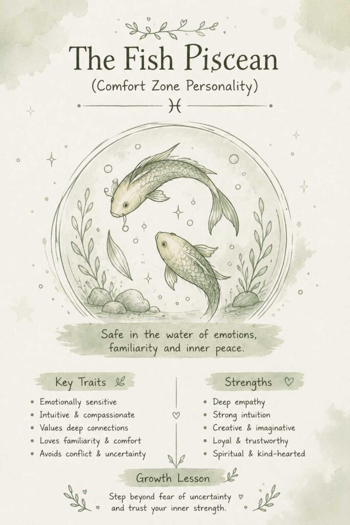 Handmade-style infographic of the Fish Piscean (Comfort Zone Personality), illustrating two fish in calm water to symbolize emotional security, sensitivity, intuition, familiarity, and inner peace in soft sage green tones."