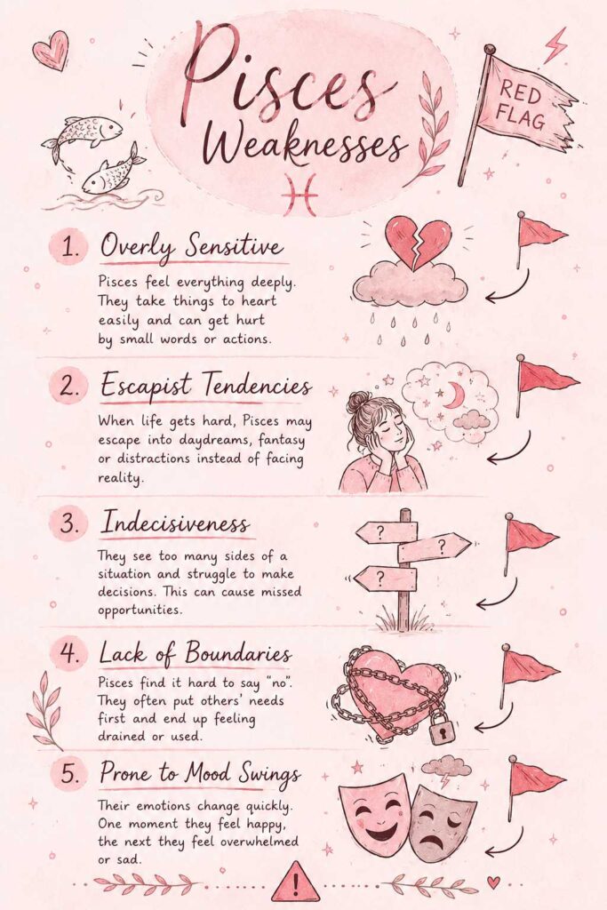 Hand-drawn infographic of Pisces weaknesses in a soft blush pink watercolor theme, illustrating emotional sensitivity, escapism, indecisiveness, lack of boundaries, and mood swings with subtle red flag symbols and handwritten typography