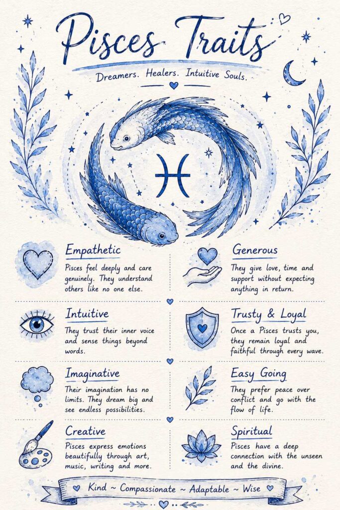 Hand-drawn watercolor infographic of Pisces personality traits featuring the Pisces zodiac symbol, koi fish illustration, and key traits including empathetic, intuitive, imaginative, creative, generous, trustworthy, easy-going, and spiritual in a vertical blue aesthetic.