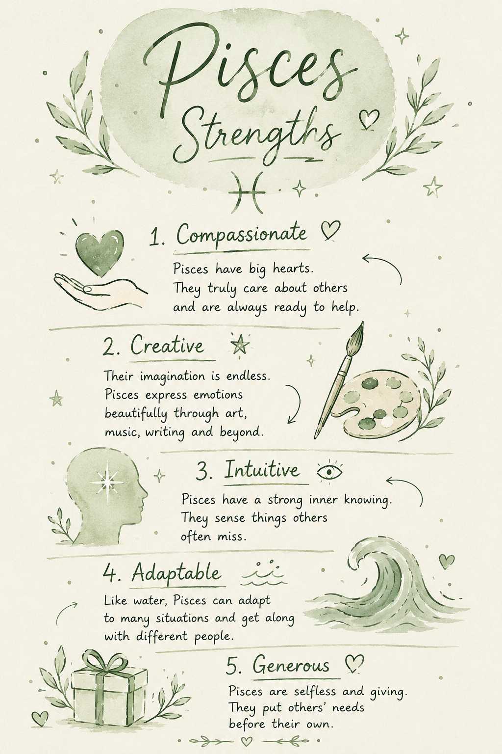 Hand-drawn infographic illustrating the top five Pisces strengths, including compassion, creativity, intuition, adaptability, and generosity, in a soft sage green watercolor theme.