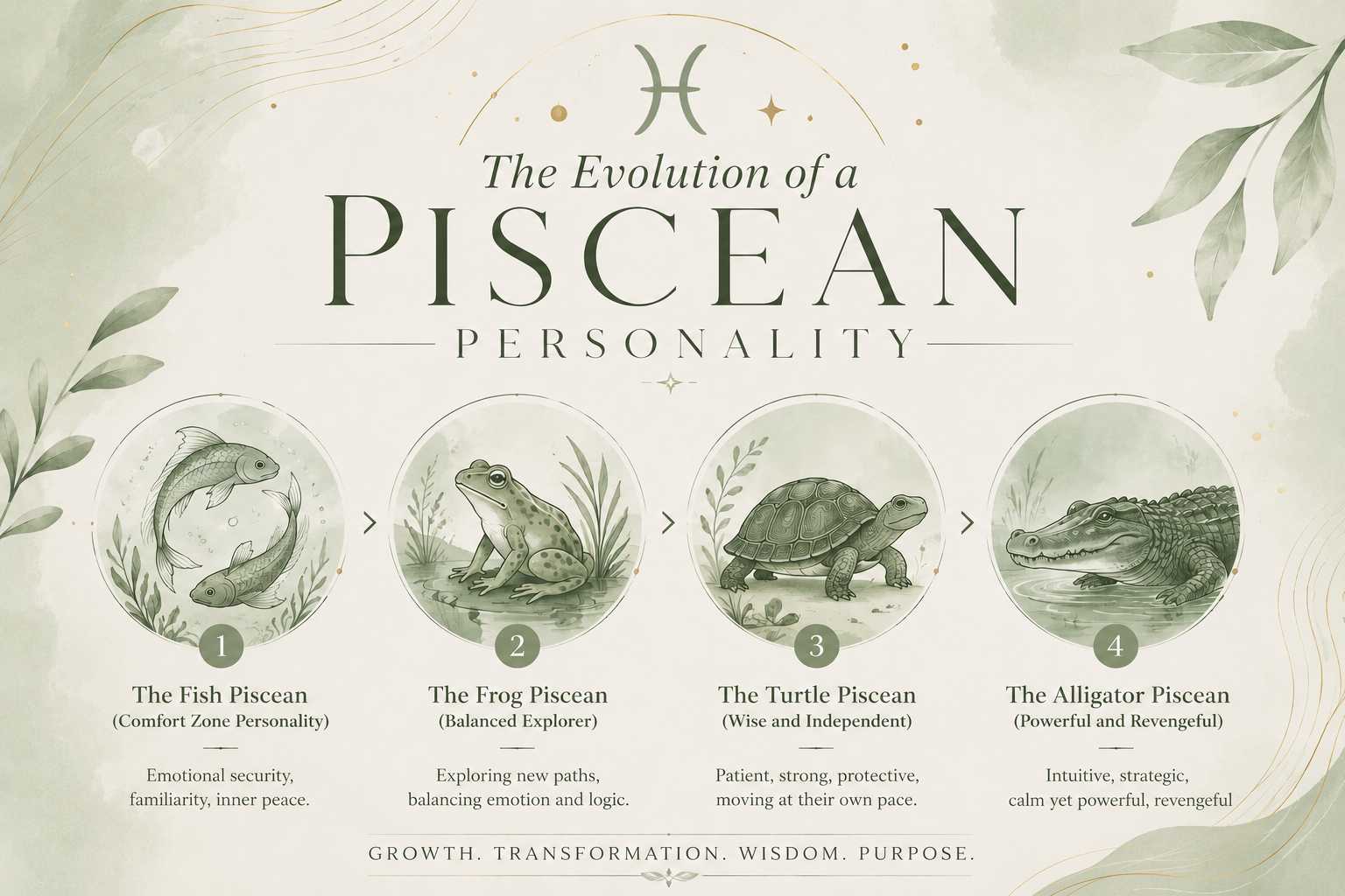 Modern minimalist infographic illustrating the evolution of a Piscean personality through four symbolic stages—Fish (Comfort Zone), Frog (Balanced Explorer), Turtle (Wise and Independent), and Alligator (Powerful and Revengeful)—designed in a soft sage green theme with elegant botanical elements.