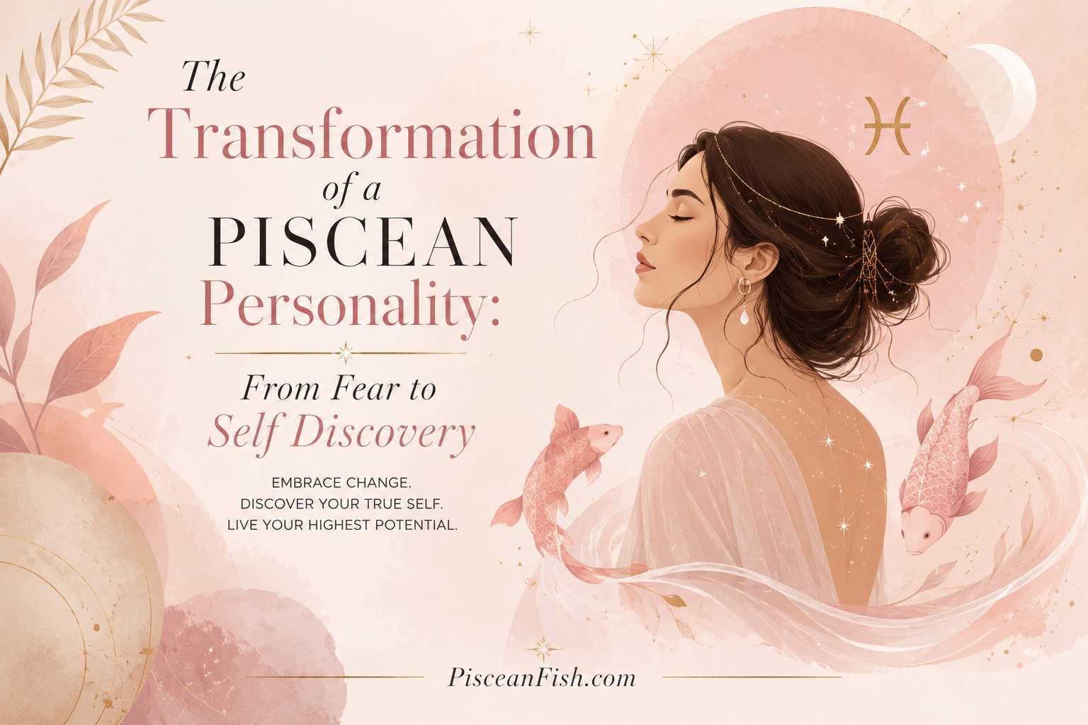 Modern flat illustration of a Pisces woman symbolizing personal transformation, self-discovery, and emotional growth in soft blush pink with elegant Pisces elements." This alt text is descriptive, accessible, and naturally includes keywords related to your blog topic without keyword stuffing.