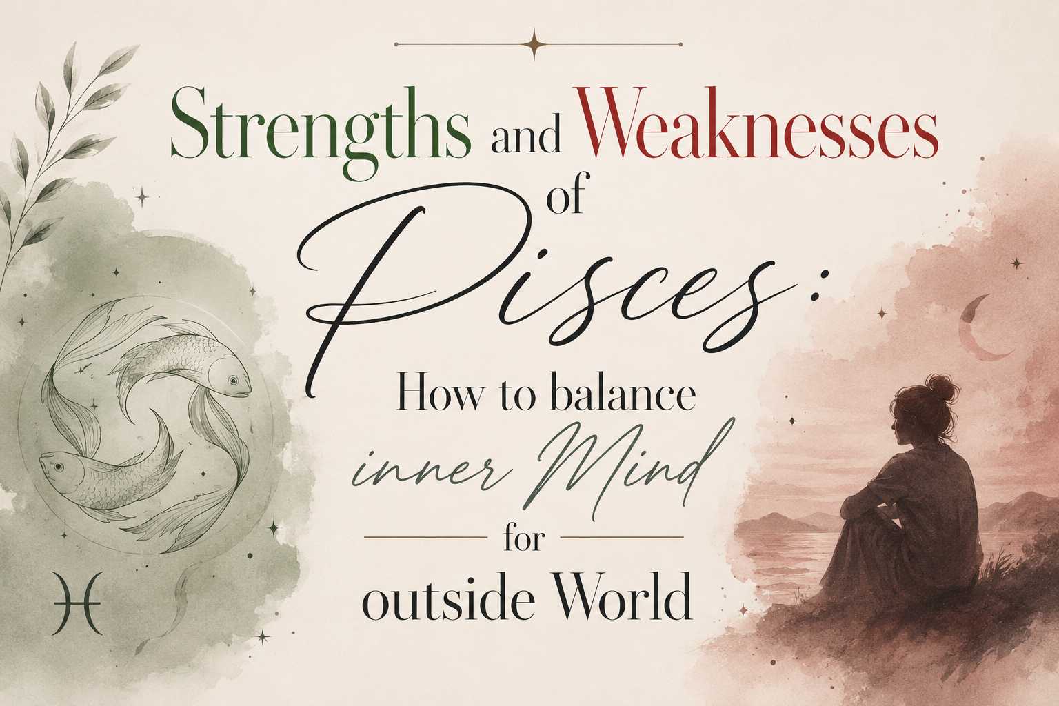 Minimalist featured image for the blog 'Strengths and Weaknesses of Pisces: How to Balance Inner Mind for Outside World' with neutral beige tones, green and red typography, Pisces fish illustration, and a person reflecting in a peaceful landscape.
