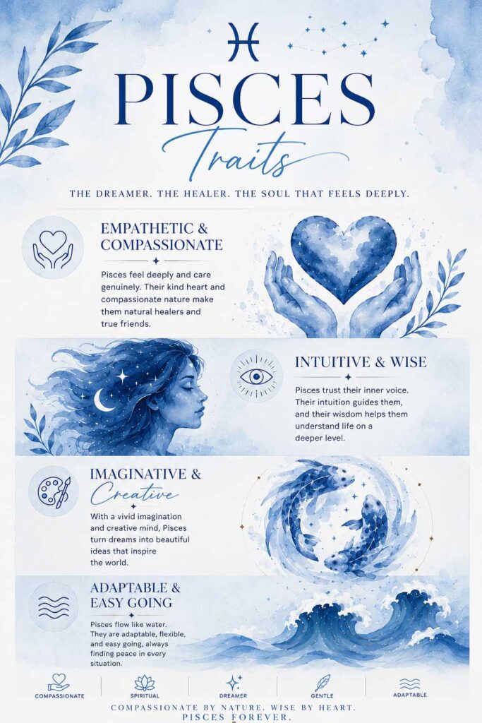 Vertical 2:3 Pisces Traits infographic in a soft blue watercolor theme featuring empathetic, intuitive, imaginative, creative, compassionate, spiritual, and adaptable personality traits with elegant zodiac illustrations