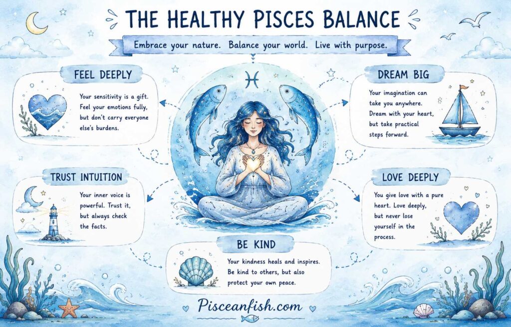 Healthy Pisces balance showing emotional awareness, imagination, intuition, love, kindness, and personal boundaries