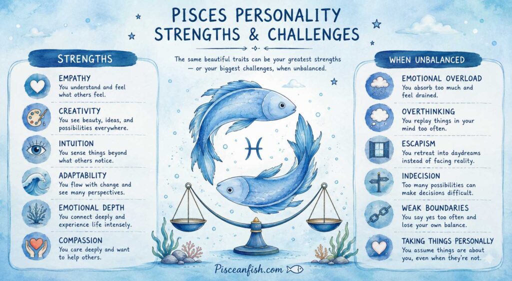 Pisces personality strengths and challenges including empathy, creativity, intuition, adaptability, and emotional sensitivity