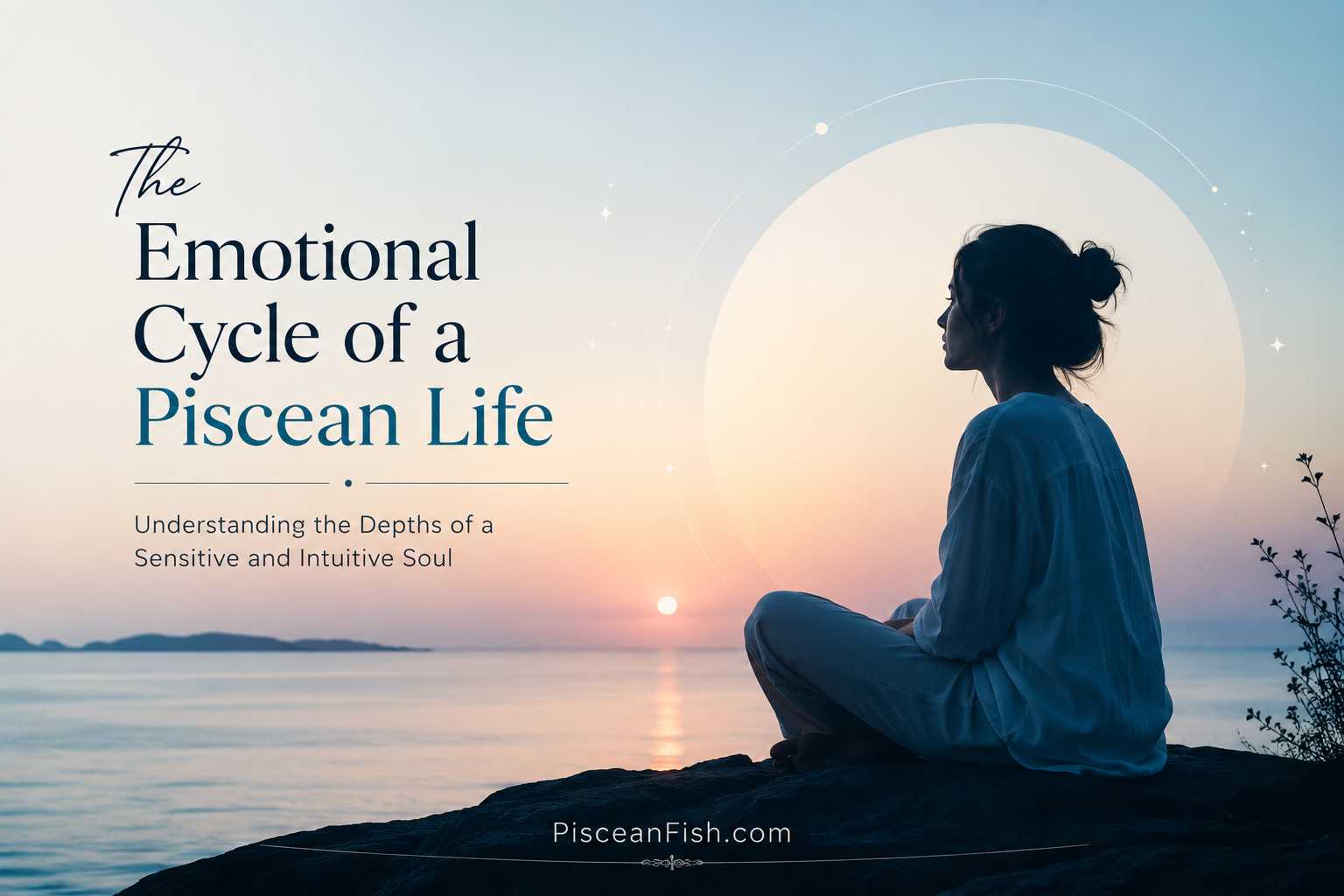 Modern minimalist featured image for "The Emotional Cycle of a Piscean Life," showing a thoughtful person sitting by a calm ocean at sunrise, symbolizing emotional growth, self-discovery, inner peace, and the Piscean journey.