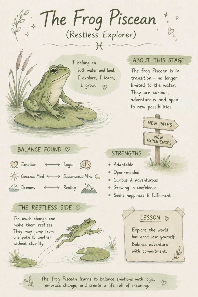 Hand-drawn infographic of the Frog Piscean personality symbolizing a restless explorer. The illustration features a frog transitioning between water and land, representing adaptability, emotional balance, curiosity, confidence, and the challenge of restlessness during personal growth.