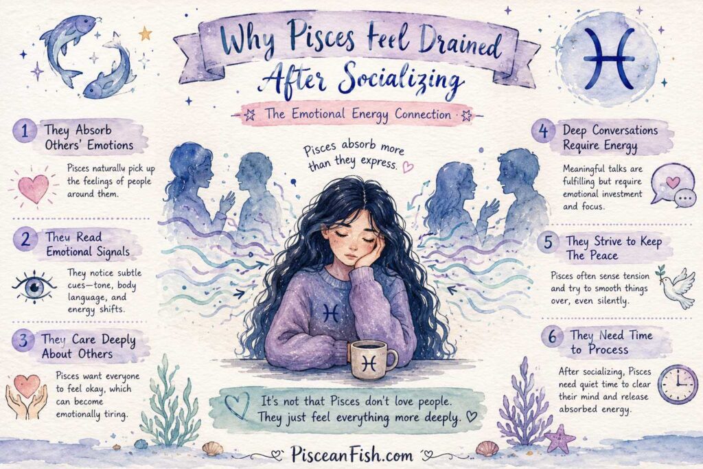Handmade infographic explaining why Pisces feel drained after socializing, highlighting emotional sensitivity, empathy, and the need to recharge.