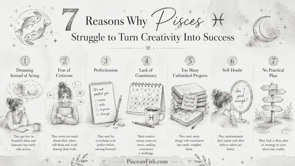 Pencil-style infographic showing seven reasons why Pisces struggle to turn creativity into success, including dreaming instead of acting, fear of criticism, perfectionism, inconsistency, unfinished projects, self-doubt, and lack of planning.
