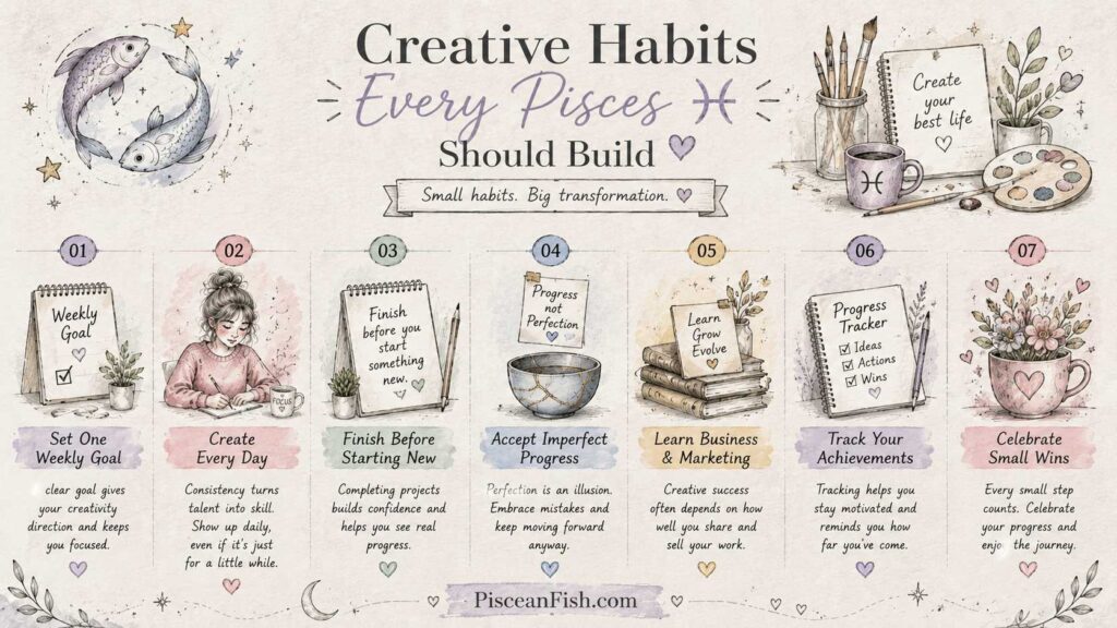 Creative habits every Pisces should build infographic with hand-drawn pencil illustrations and soft pastel colors, showing seven daily habits for turning creativity into real-life success.
