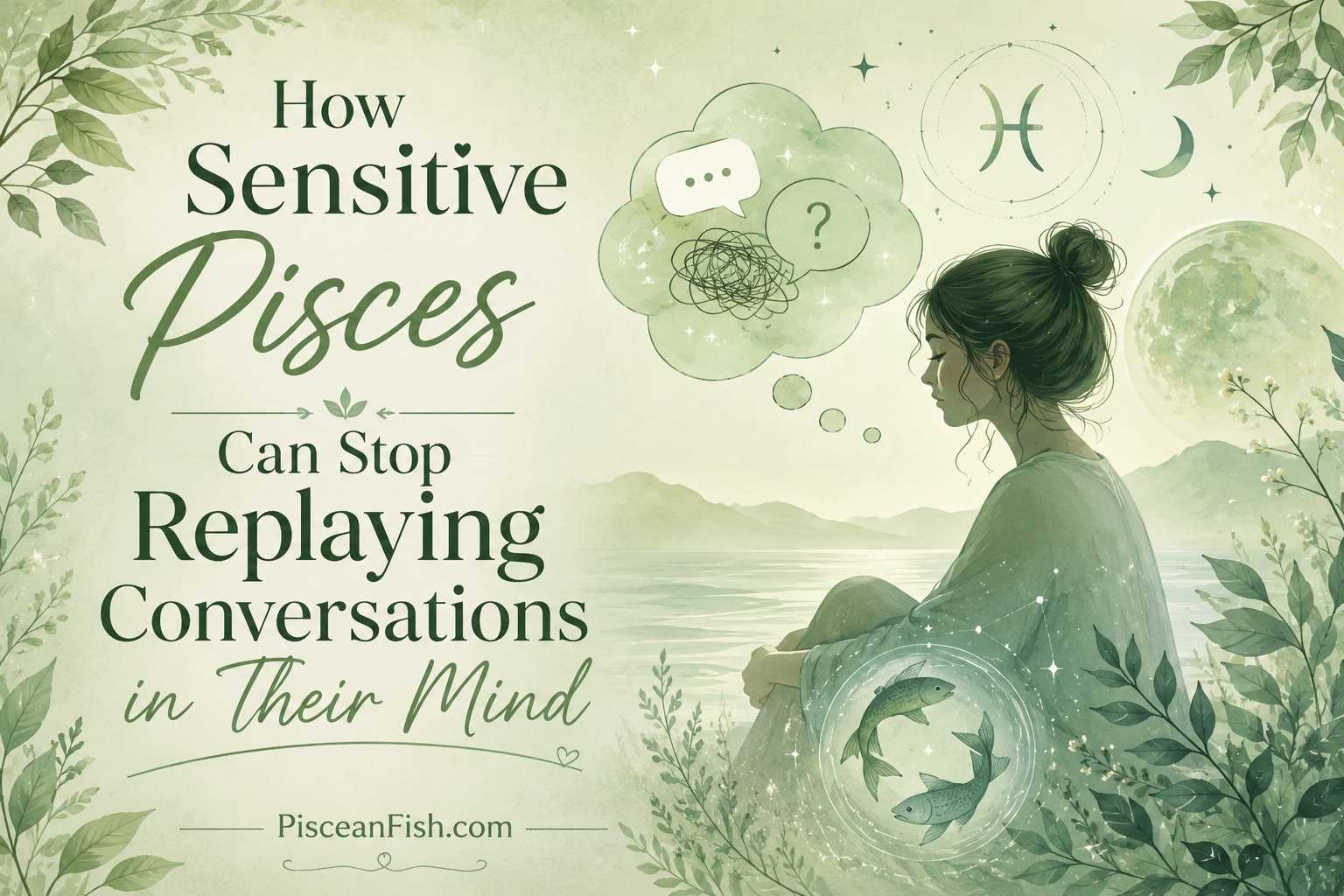 Sensitive Pisces sitting peacefully by a calm lake while learning to stop replaying conversations in their mind, surrounded by soft green botanical elements and a dreamy Pisces-themed background with the PisceanFish.com watermark.