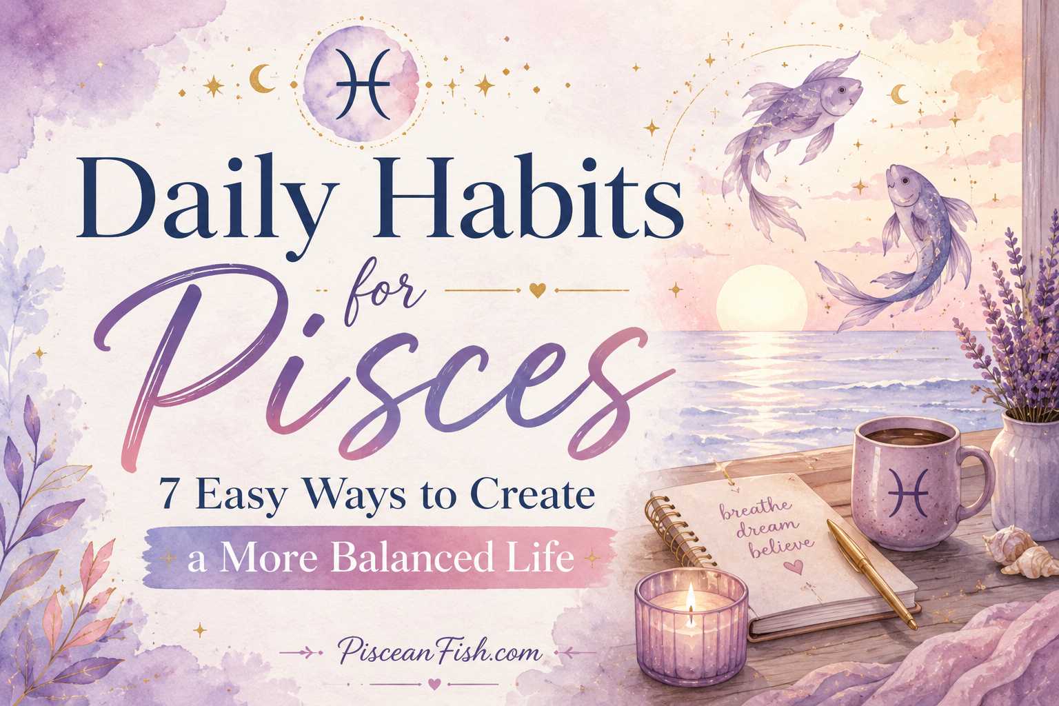 Daily Habits for Pisces featured image showing a peaceful sunrise, Pisces fish symbol, journal, and calming self-care elements representing emotional balance and mindfulness.