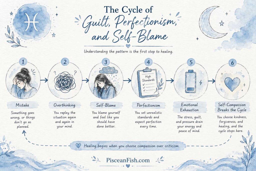 Handmade watercolor infographic showing the cycle of guilt, perfectionism, and self-blame in Pisces, ending with self-compassion and emotional healing.