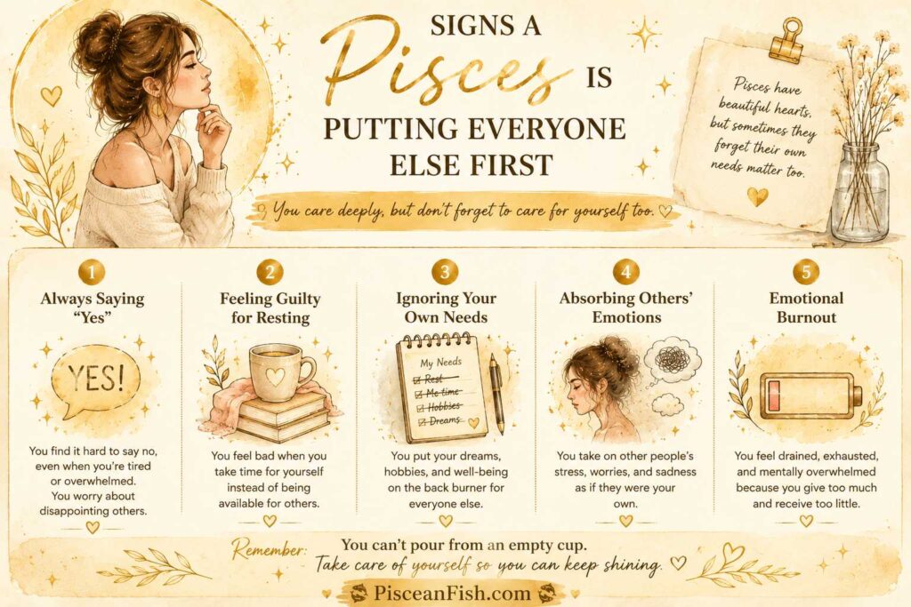 Signs a Pisces Is Putting Everyone Else First infographic showing people-pleasing, guilt, emotional burnout, and self-neglect.