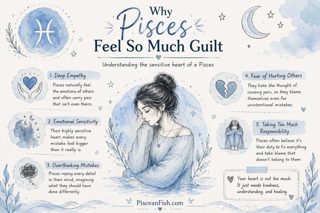 Why Pisces Feel So Much Guilt infographic with handmade sketch illustrations showing empathy, emotional sensitivity, overthinking, fear of hurting others, and taking too much responsibility.