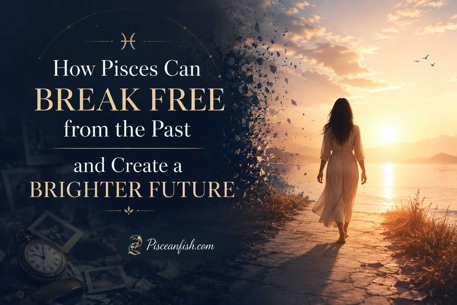 How Pisces can break free from the past and create a brighter future, featuring a person walking from darkness into a bright sunrise, symbolizing emotional healing, hope, and new beginnings.