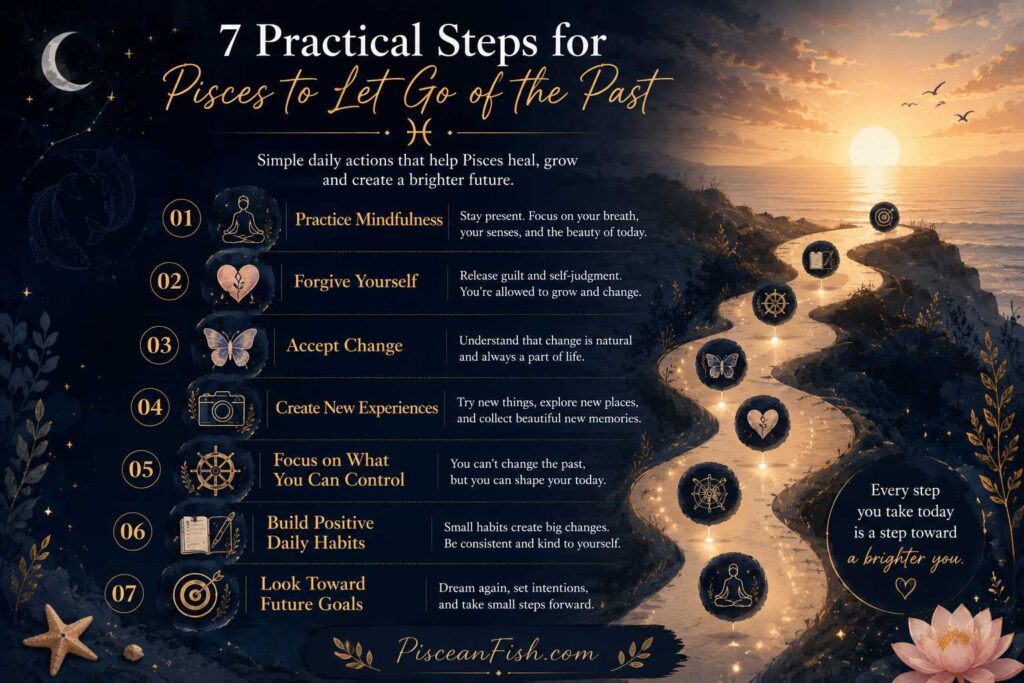 7 practical steps for Pisces to let go of the past infographic showing mindfulness, self-forgiveness, accepting change, creating new experiences, building positive habits, and embracing a brighter future.