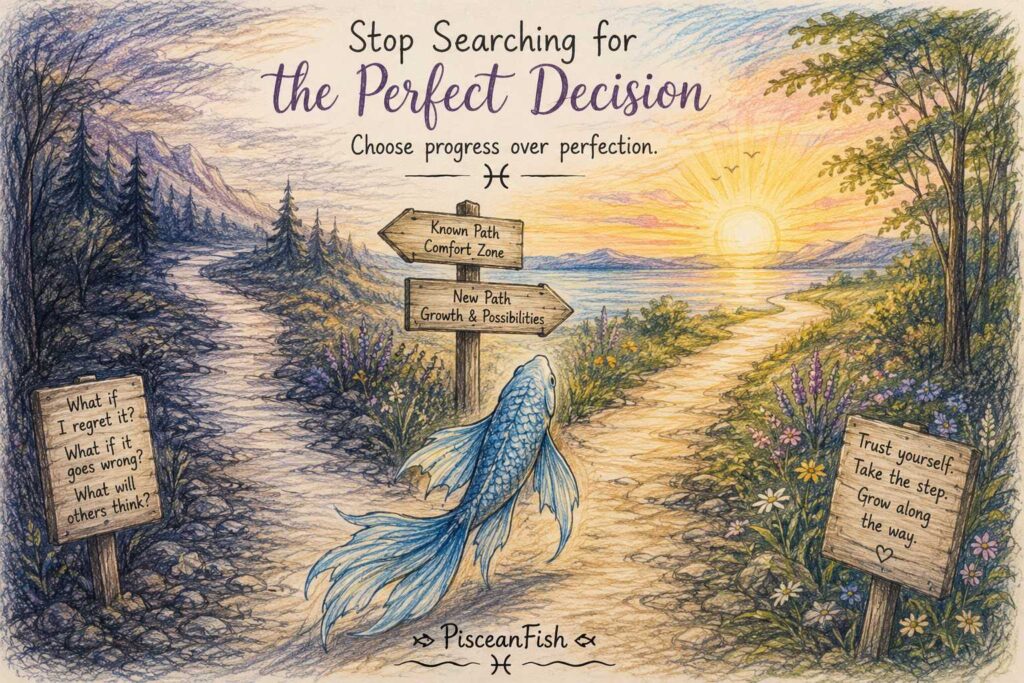 Hand-drawn illustration of a Pisces fish choosing a bright path over a dark path, symbolizing overcoming indecision, trusting yourself, and choosing progress instead of perfection.