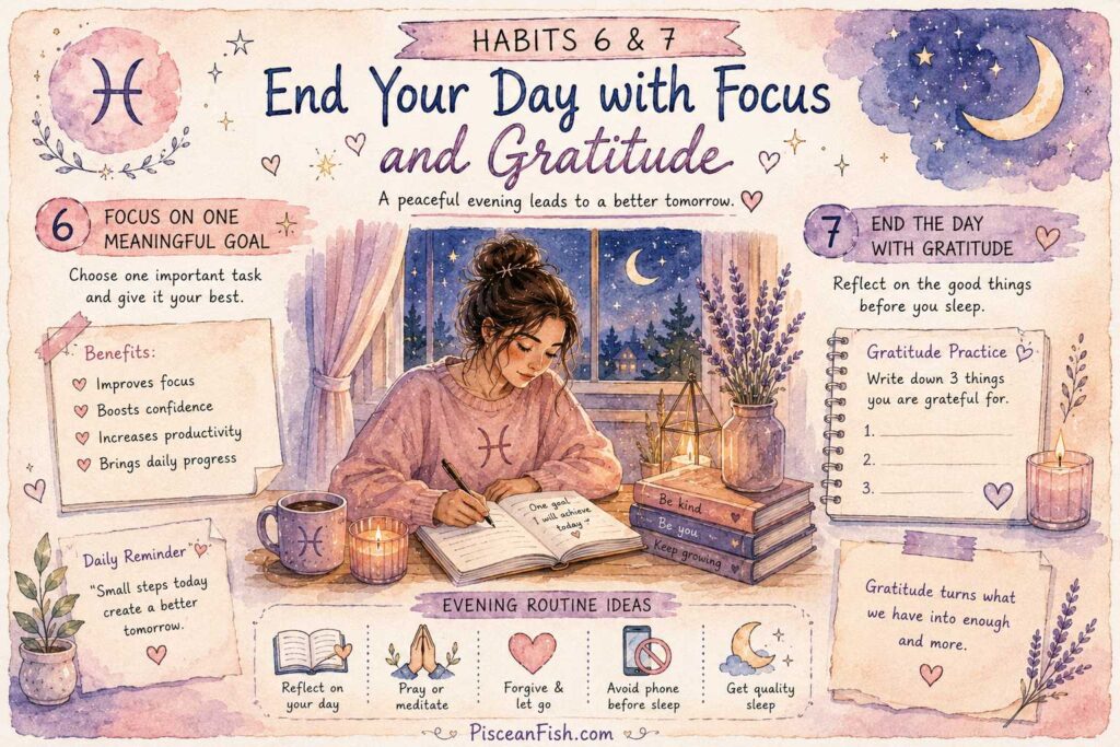 Daily habits for Pisces infographic showing focus on one meaningful goal and ending the day with gratitude for emotional balance.