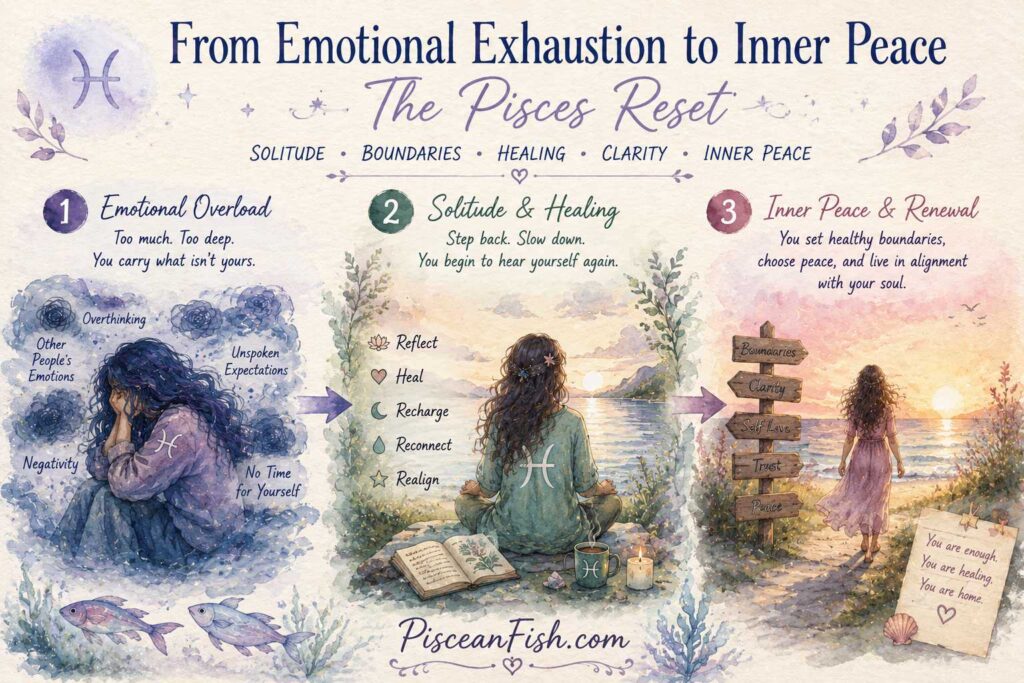 Watercolor illustration showing the Pisces emotional reset journey from emotional exhaustion through healing solitude to clarity, healthy boundaries, and inner peace.