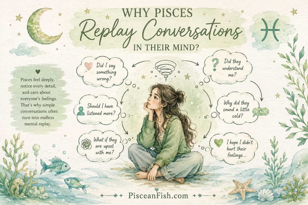 Hand-drawn watercolor illustration of a thoughtful Pisces replaying conversations in their mind, surrounded by speech bubbles showing self-doubt, emotional sensitivity, and overthinking, with a calming sage green theme and PisceanFish.com watermark.