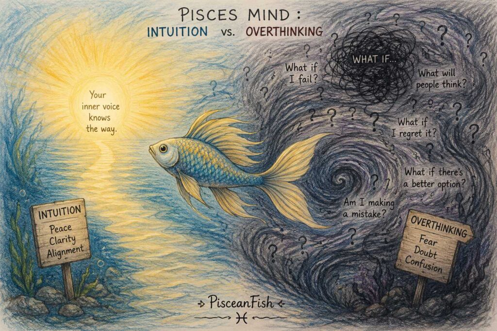 Hand-drawn illustration of a Pisces fish showing the contrast between intuition and overthinking, with one side glowing with clarity and the other filled with fear, doubt, and question marks, symbolizing indecision and self-trust.