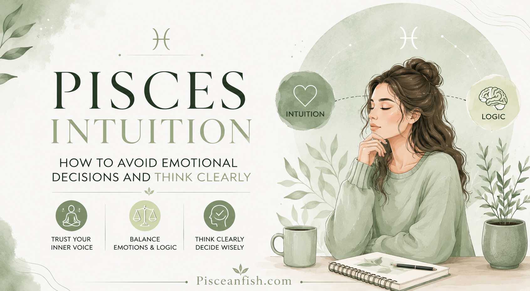 Pisces intuition featured image in a light green minimalist design showing a thoughtful woman balancing intuition and logic with the PisceanFish watermark.