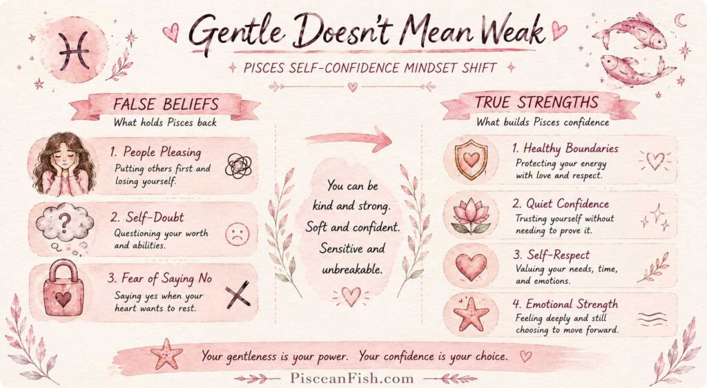Gentle Doesn't Mean Weak infographic showing how Pisces can build self-confidence through healthy boundaries, quiet confidence, self-respect, and emotional strength.