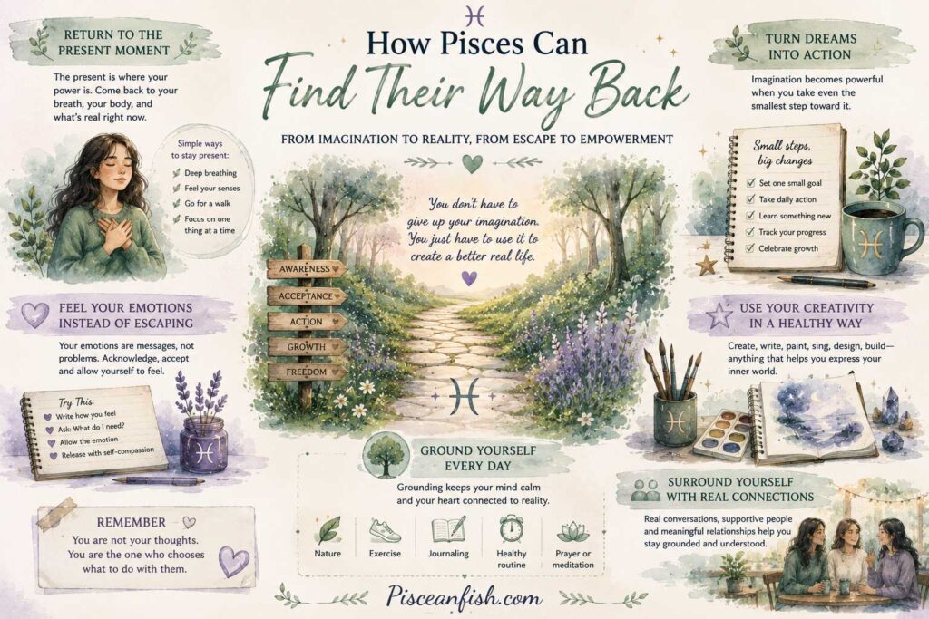 How Pisces can find their way back from imagination through grounding, emotional awareness, creativity, and positive action.