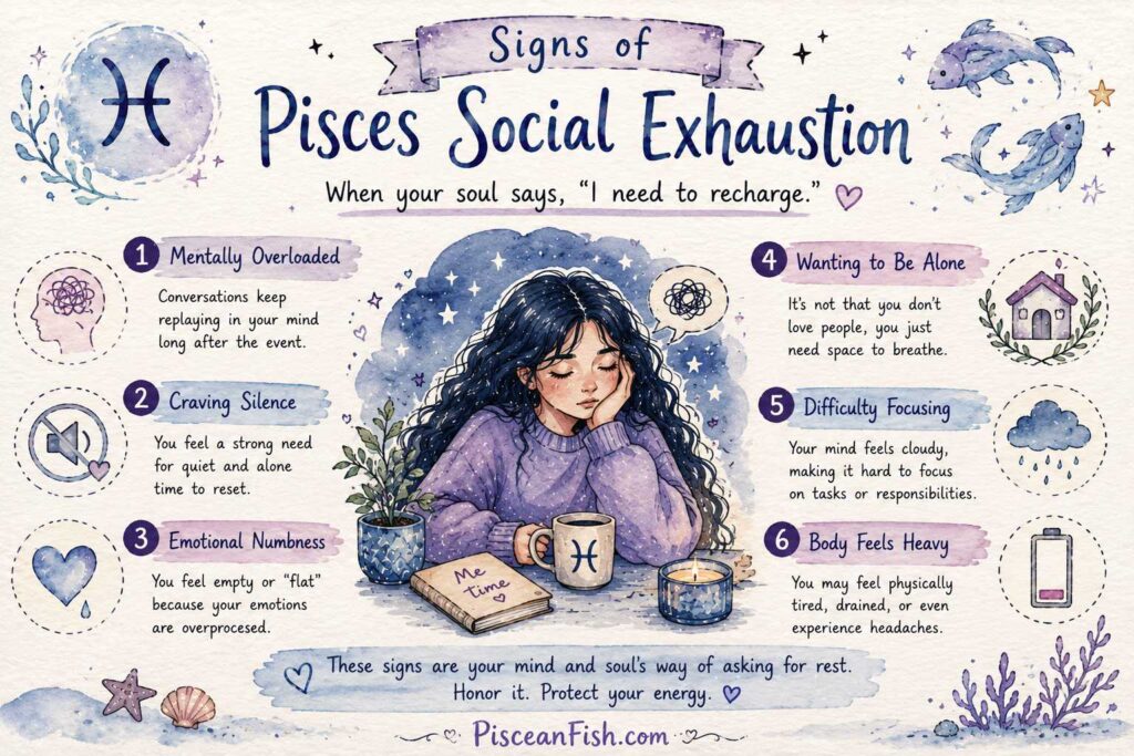 Signs of Pisces social exhaustion infographic showing emotional overload, need for solitude, and ways Pisces recharge their energy.