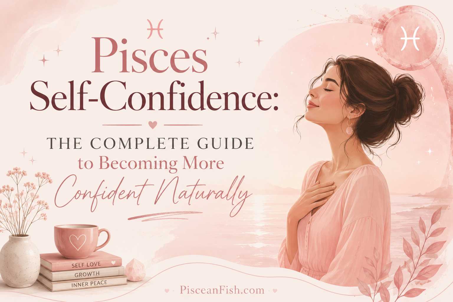 Pisces Self-Confidence featured image with a serene woman in soft blush pink tones, minimalist design, Pisces symbol, and the title "The Complete Guide to Becoming More Confident Naturally."
