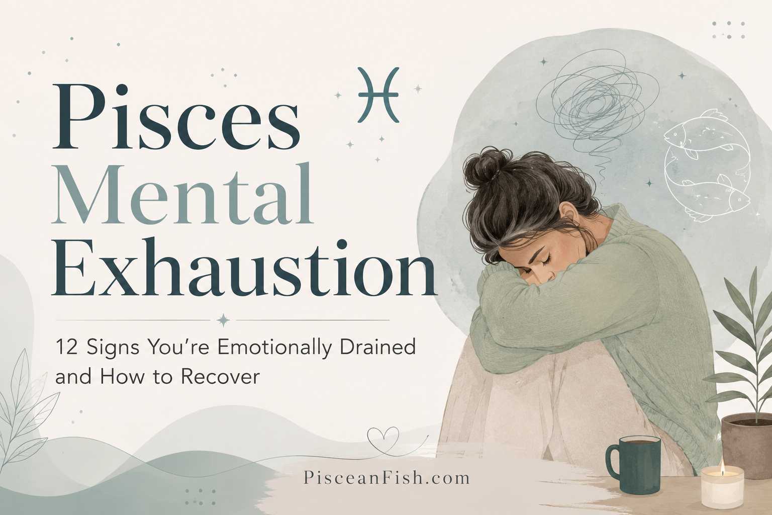 Pisces Mental Exhaustion featured image showing a mentally drained woman resting peacefully with minimalist Pisces symbols and calming blue-green tones, featuring the PisceanFish.com watermark.