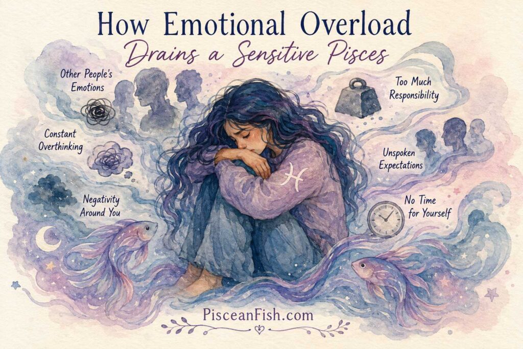 Handmade watercolor illustration showing emotional overload in a sensitive Pisces caused by overthinking, other people’s emotions, negativity, responsibilities, expectations, and lack of personal time.