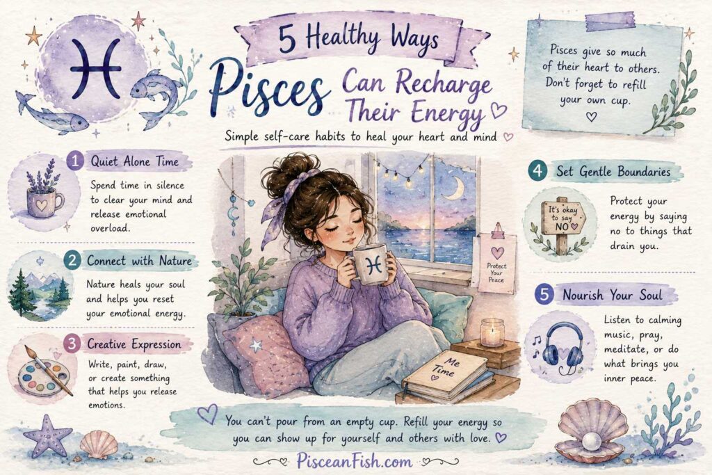 Handmade infographic showing 5 healthy ways Pisces can recharge after socializing, featuring self-care tips, emotional energy management, and the PisceanFish.com watermark.