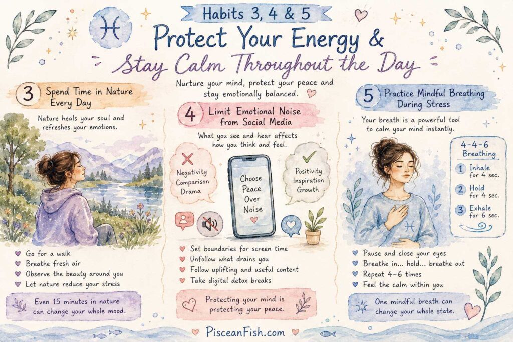 Handmade watercolor infographic showing daily habits for Pisces, including spending time in nature, limiting social media, and practicing mindful breathing for emotional balance.