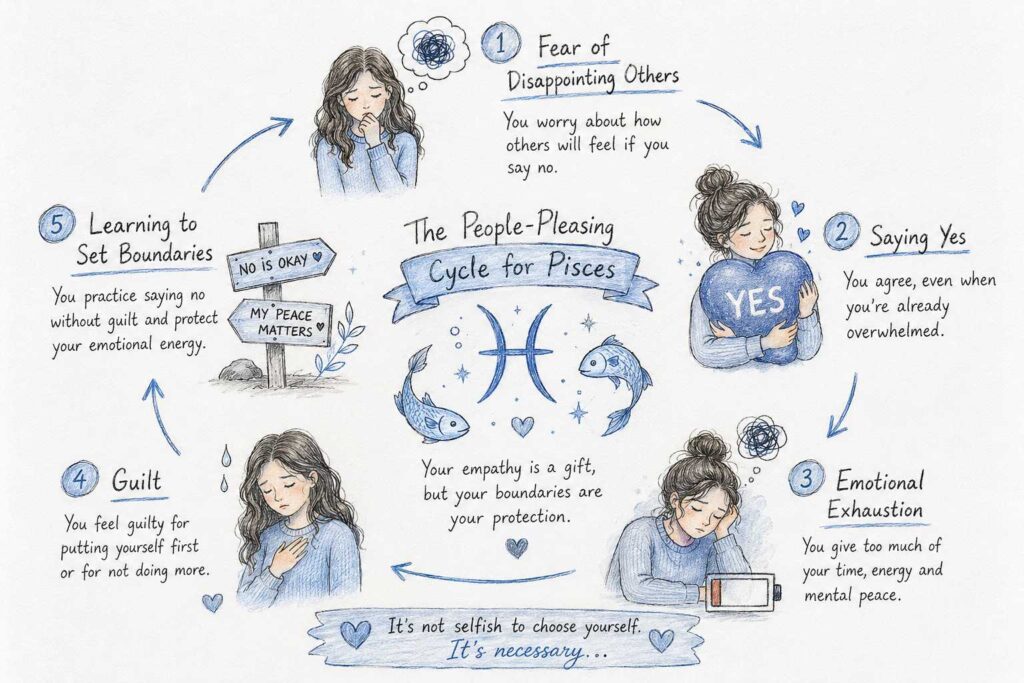 Hand-drawn infographic showing the five stages of the Pisces people-pleasing cycle, from fear of disappointing others to setting healthy boundaries.