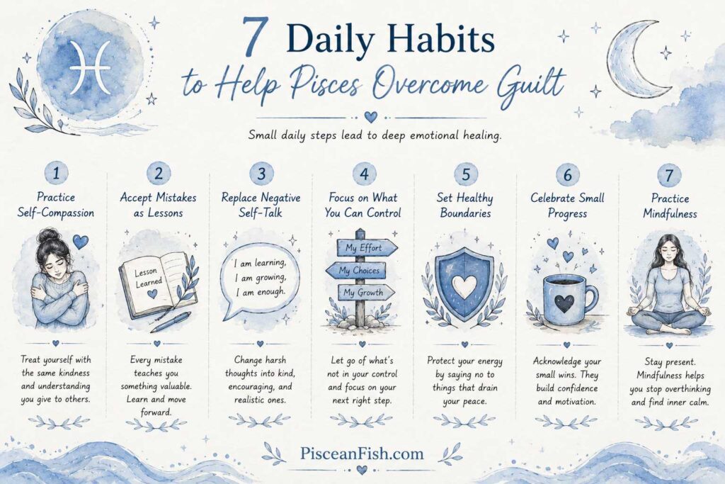 7 daily habits to help Pisces overcome guilt with self-compassion, mindfulness, and emotional healing infographic
