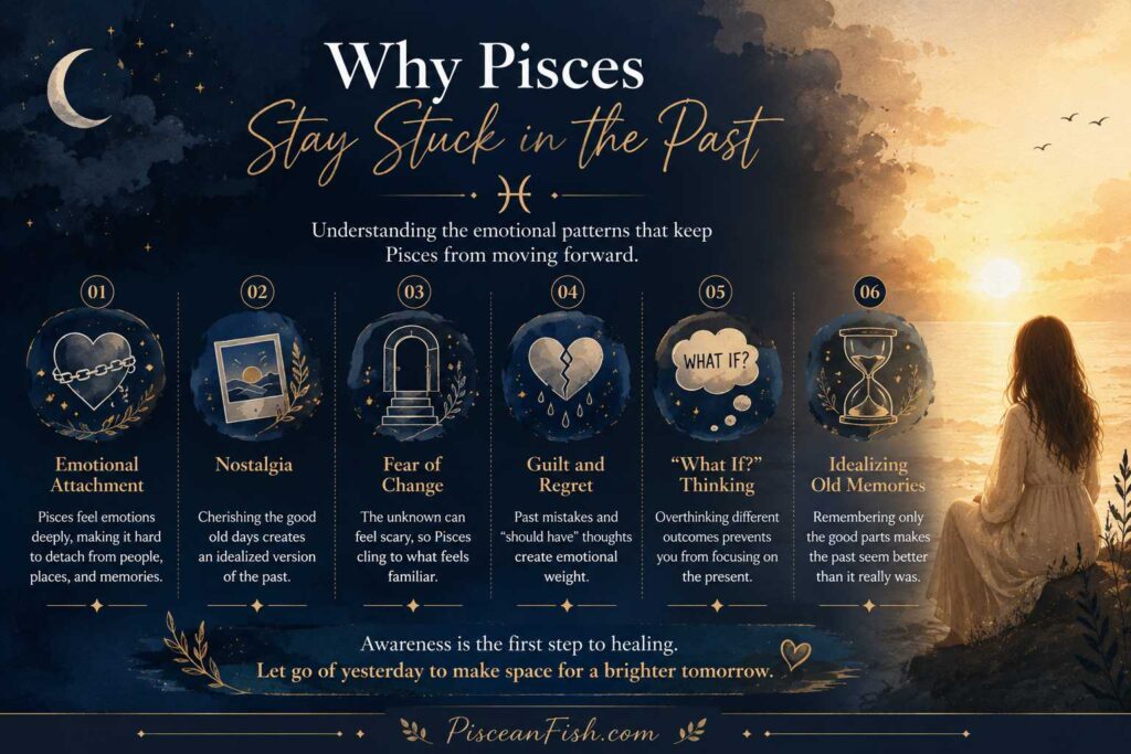 Why Pisces Stay Stuck in the Past infographic showing emotional attachment, nostalgia, fear of change, guilt, overthinking, and idealized memories with a journey toward healing.