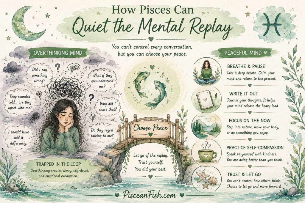 Hand-drawn watercolor infographic showing how Pisces can stop overthinking conversations by choosing peace through deep breathing, journaling, mindfulness, self-compassion, and letting go of mental replay.