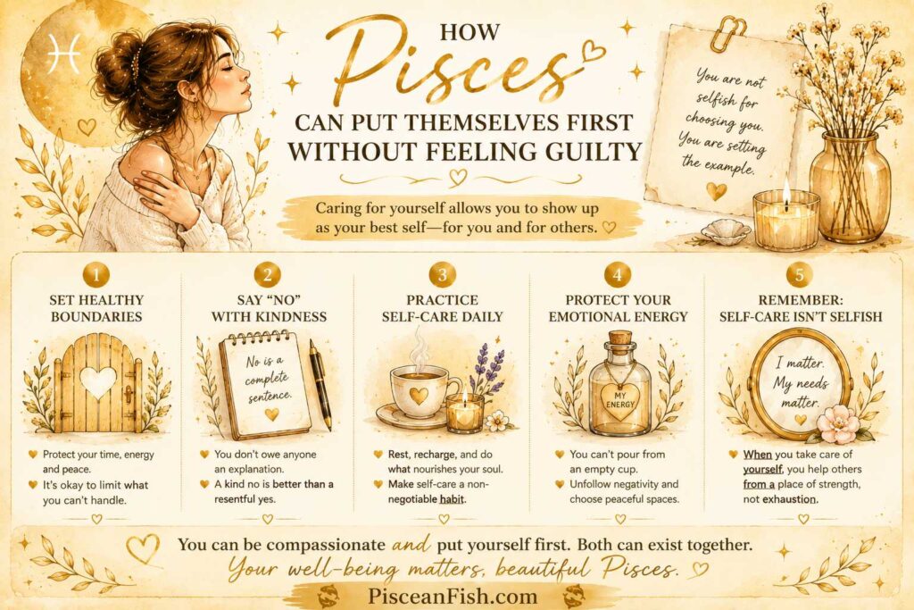 How Pisces can put themselves first without feeling guilty infographic featuring healthy boundaries, self-care, emotional energy, and kindness.