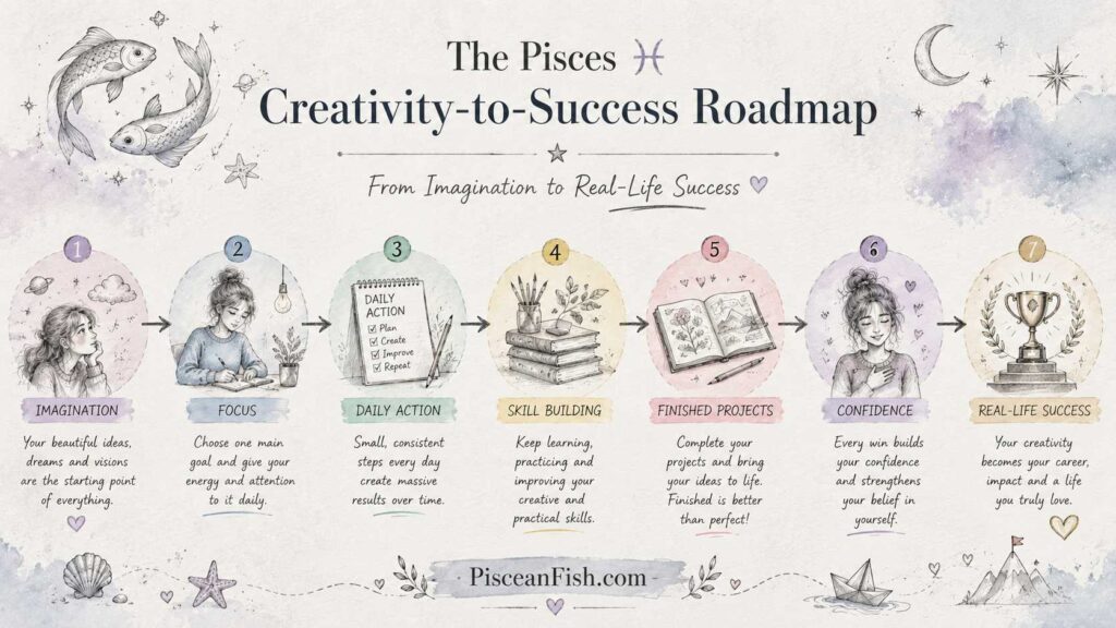 The Pisces Creativity-to-Success Roadmap infographic in a colorful pencil drawing style, showing seven practical steps from imagination to real-life success.