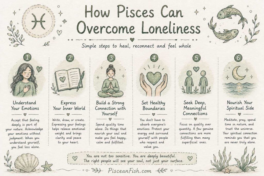 Hand-drawn infographic showing six ways Pisces can overcome loneliness through emotional understanding, self-expression, healthy boundaries, meaningful connections, and spiritual growth.