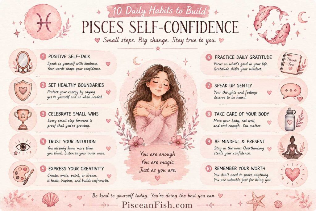 10 daily habits to build Pisces self-confidence naturally in a handmade watercolor infographic