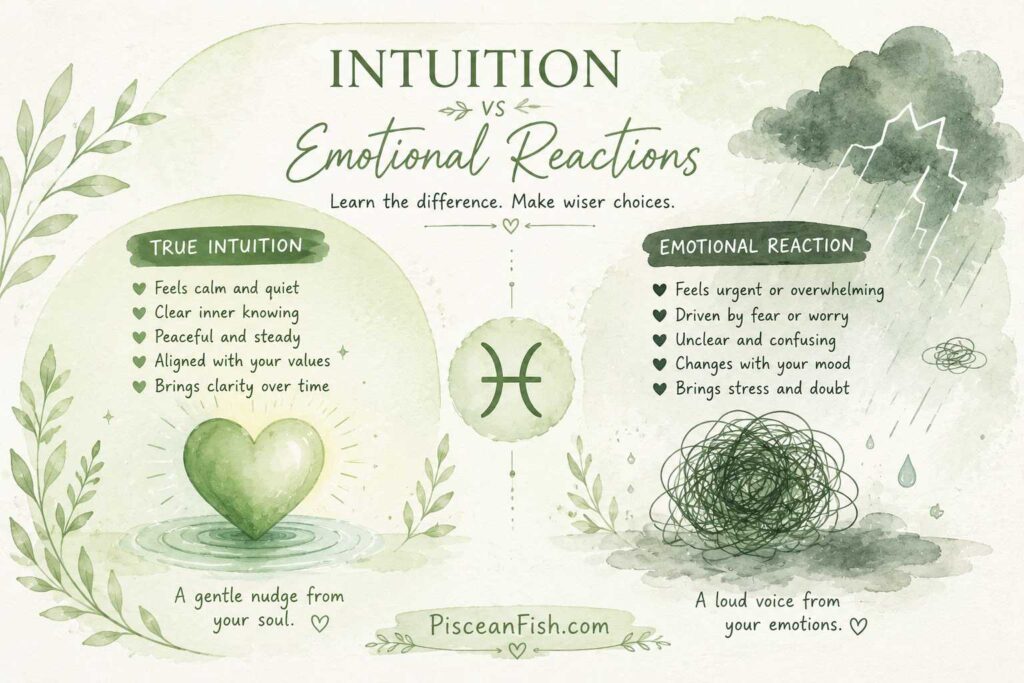 Pisces intuition vs emotional reactions infographic in a handmade watercolor style showing the difference between calm intuition and emotionally driven decisions.