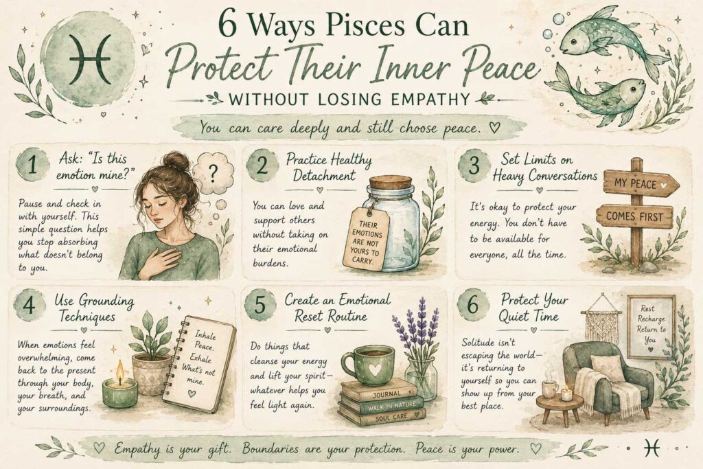 Handmade infographic showing six ways Pisces can protect their inner peace without losing empathy, including healthy detachment, grounding, emotional boundaries, and quiet time.