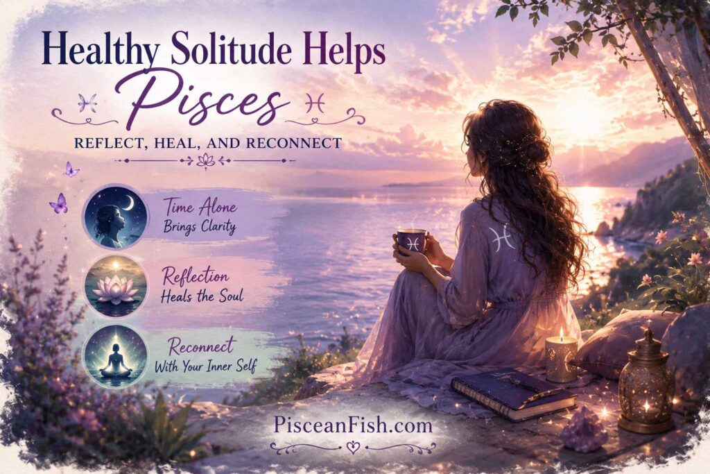Dreamy illustration of a Pisces woman enjoying healthy solitude by a peaceful lake, representing self-reflection, emotional healing, spiritual renewal, and reconnecting with her inner self.