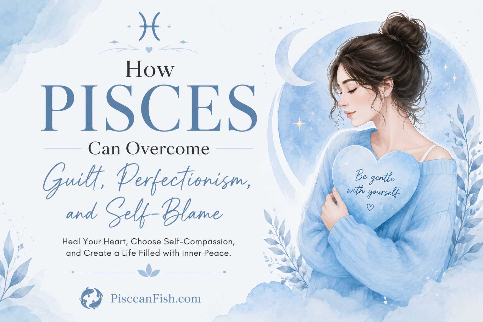 How Pisces Can Overcome Guilt, Perfectionism, and Self-Blame featured image with a light blue minimalist design showing a peaceful woman embracing self-compassion.