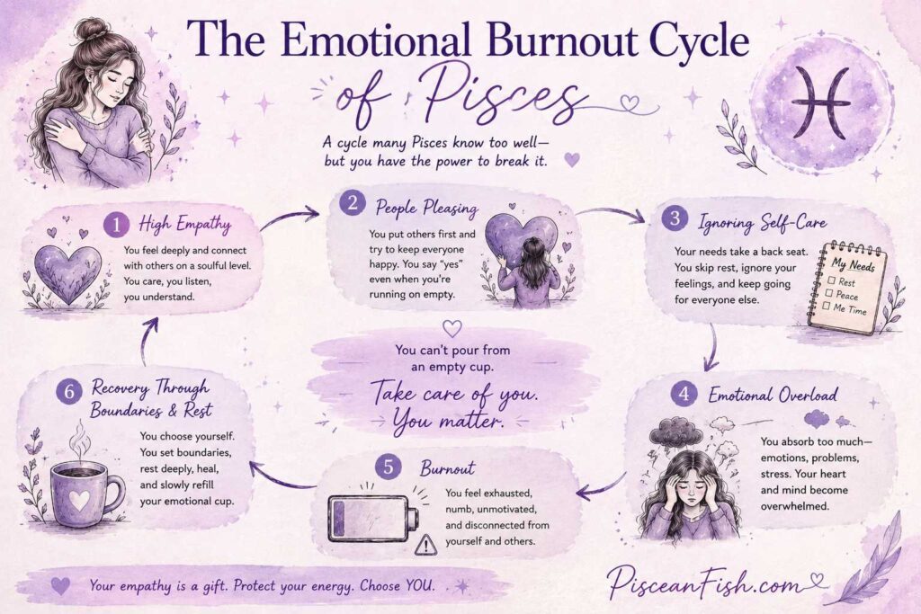 Emotional Burnout Cycle of Pisces infographic showing the journey from high empathy and people-pleasing to burnout, followed by recovery through healthy boundaries, rest, and self-care in a soft purple handmade sketch style.